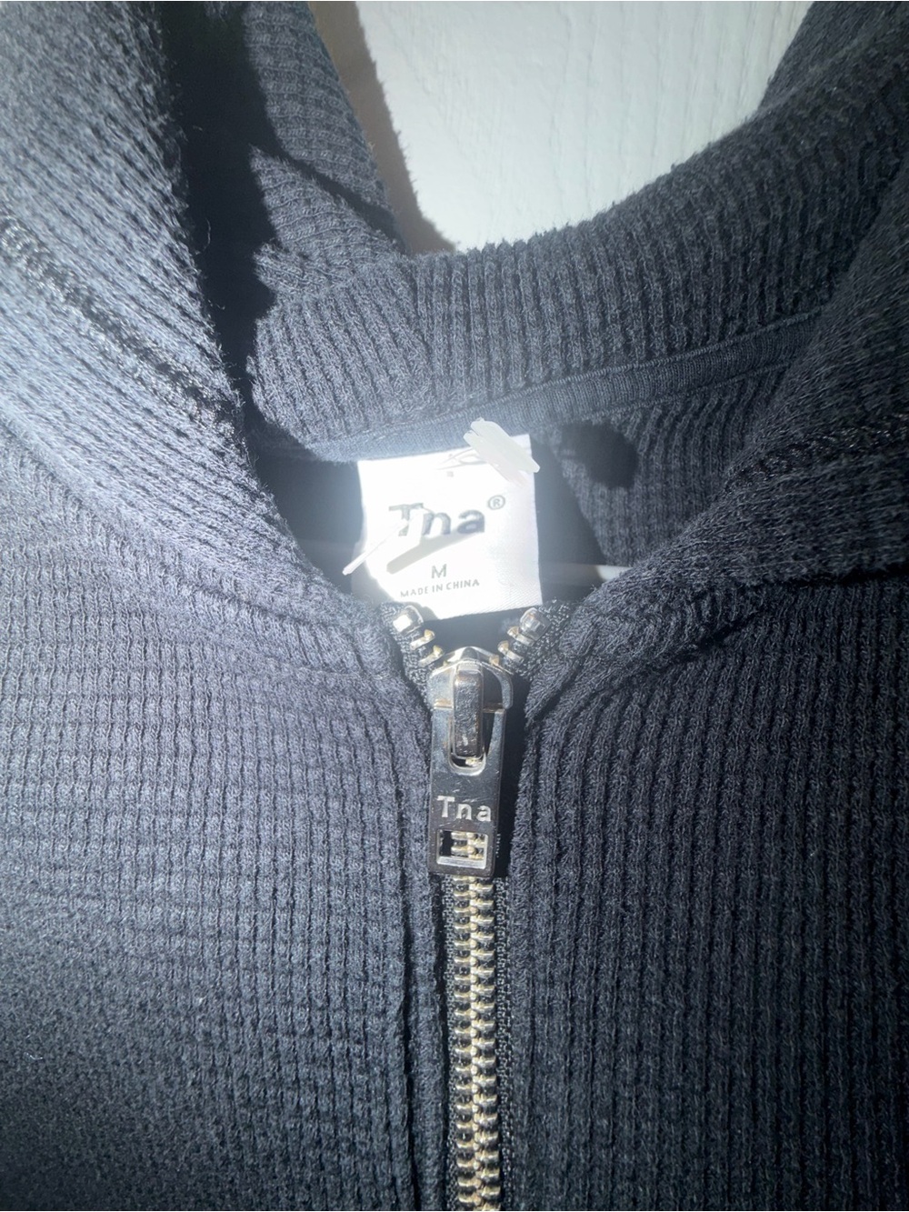 TNA Black Waffle Zip-Up Hoodie with Branded Metal Zipper
